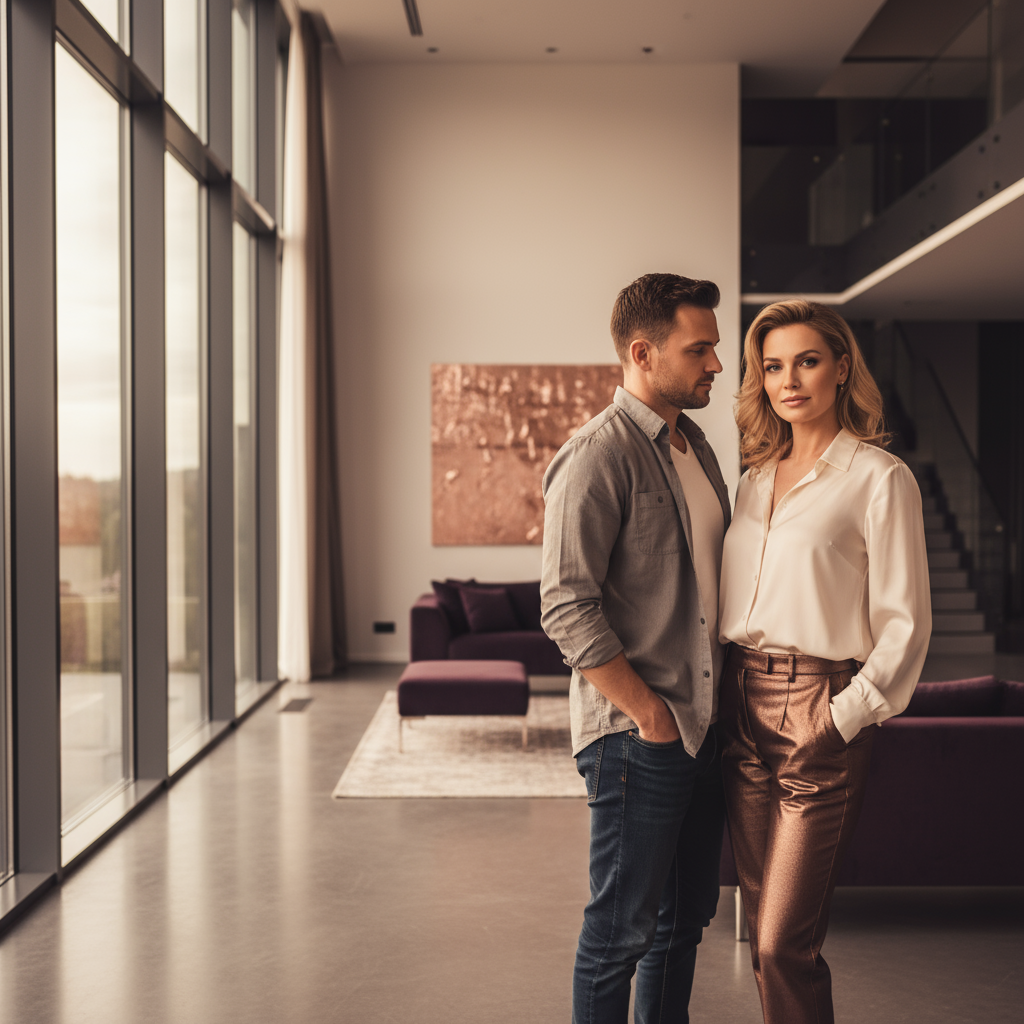 Elegant couple in modern home - woman standing confidently in foreground with serene authority, man attentively oriented toward her, warm natural lighting emphasizing their loving partnership dynamic